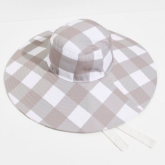 Free People Palmetto Wide Brim Packable Bucket Hat in Ivory & Grey Plaid - Picture 1 of 7